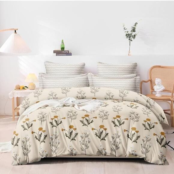 Microfiber All Weather Reversible Queen Comforter Ivory Floral Blossom Pattern - Picture 1 of 4